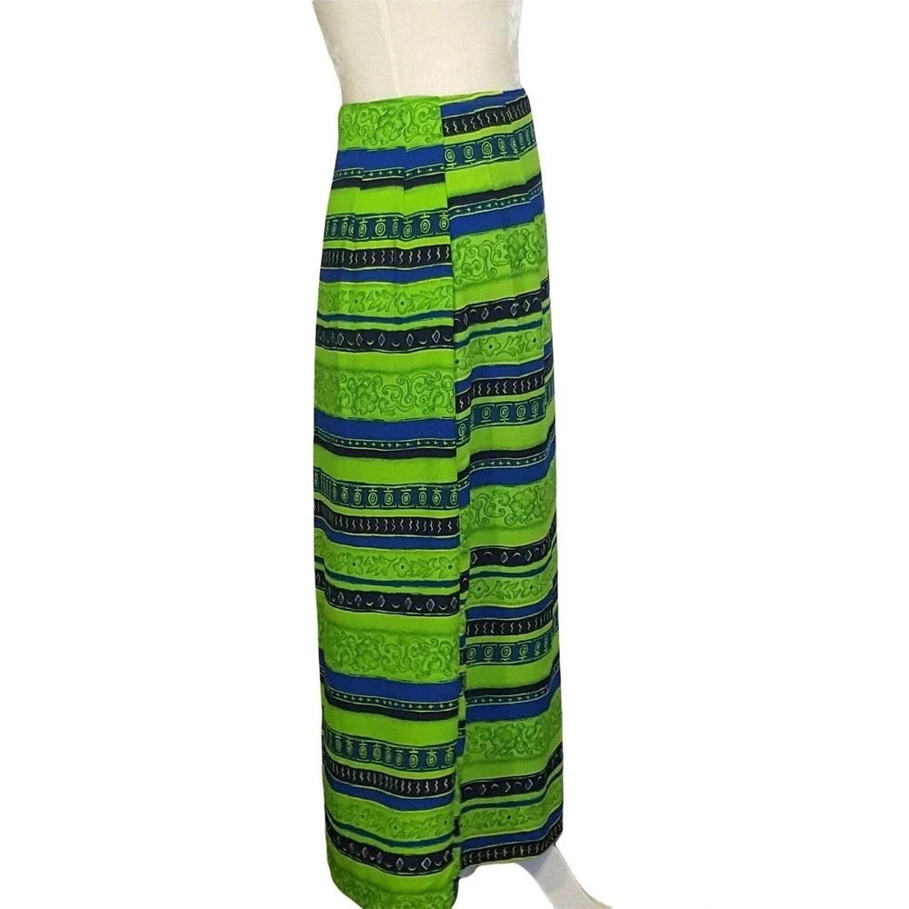 Vintage Maxi Wrap Skirt Small Floral Tribal Blue Green Polyester  L&S Designs